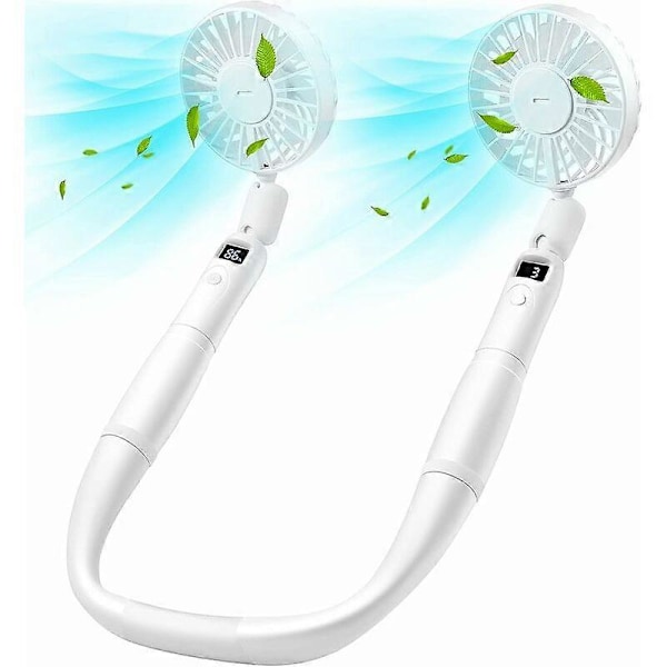 Halsventilator og håndventilator, 2 i 1 genopladelig halsventilator med LED-display, 360 justerbar bærbar ventilator, ideel til kontor, rejser, udendørs (hvid)