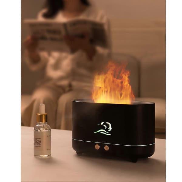 Flammeformet æterisk oliediffuser med automatisk slukning, LED-lys Aromaterapi Luftfugter, Støjsvag, Stor Sort, 12 timers drift