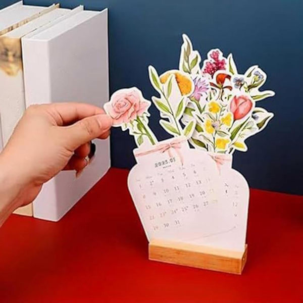 2024 Bloomy Flowers Skrivbords kalender med träbas, Kreativa blommiga skrivbords kalender, Skrivbords kalender 2