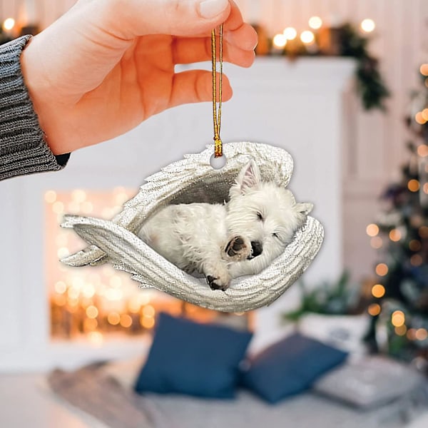 Valkoinen West Highland Terrier nukkuva enkeli siipi Westie muistomerkki 2d litteä auton taustapeili tarvikkeet joulukuusen koriste koriste ripustus Ch