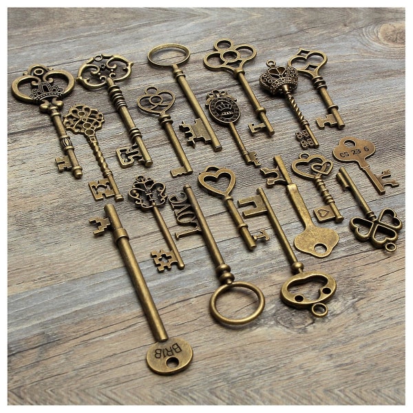 Set av 18 antik vintage gammal look brons skelett nyckel hjärta rosett lås hänge