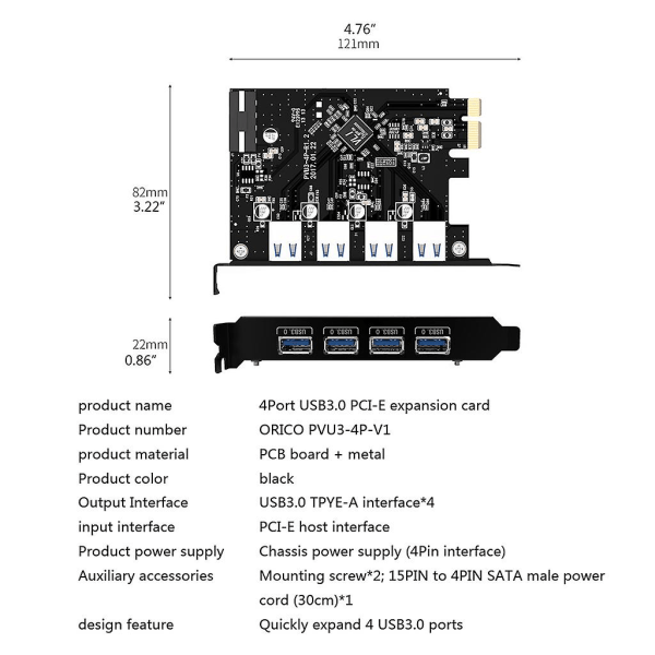 4-ports USB3.0 PCI-e Udvidelseskort 5gbps Højhastigheds Udvidelseskort Splitter