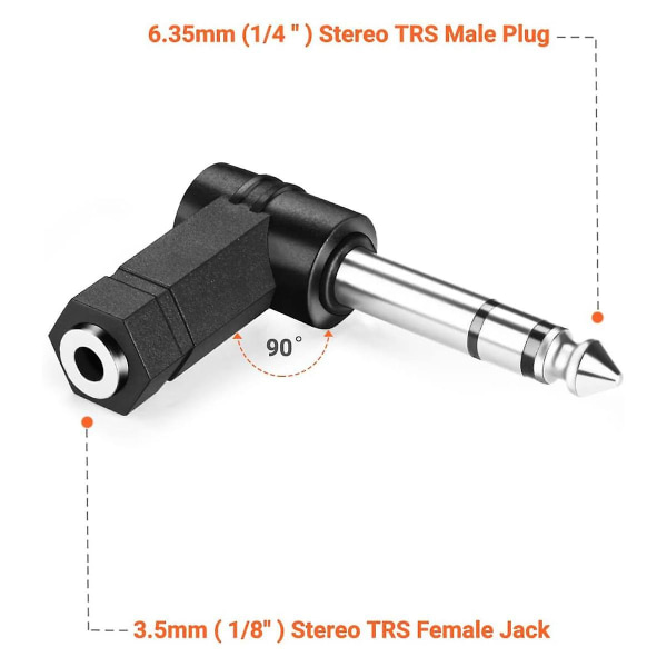 10 stk Rett vinkel 6,35 mm hann til 3,5 mm hunn lydadapterkonverter forlenger stereohodetelefon A