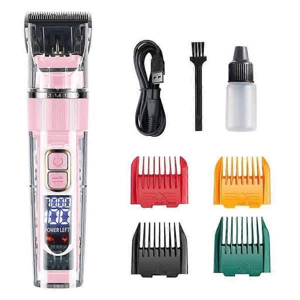 Støjsvag hundehårstrimmer med LED-display til tykke hundepelse (pink)