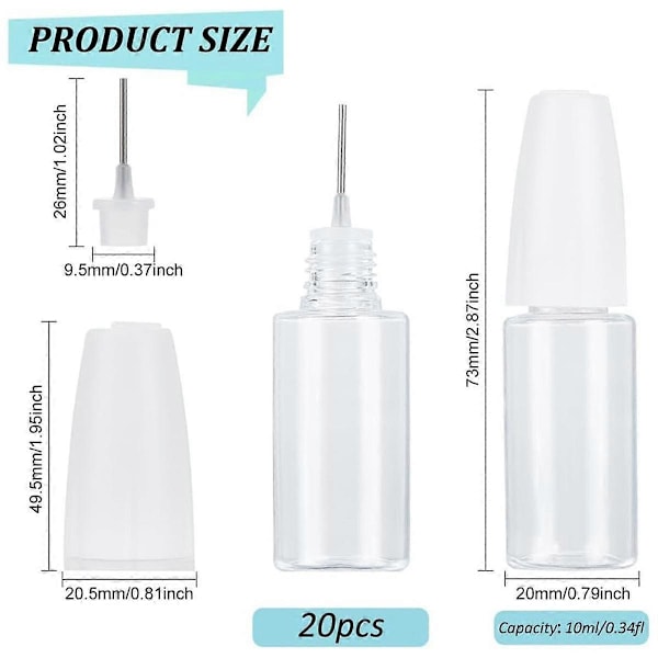 20 stk. præcisionsspids applikatorflasker, 10 ml/0,34 oz dispenseringsnålflaske PET tom limflaske