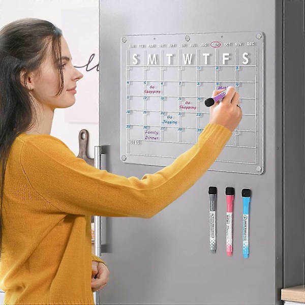 Akryl Magnetisk Whiteboard Kalender för Kylskåp, 41,9x30,5 cm Klar Whiteboard Kalender för Kylskåp, Magnetisk Planeringskalender Inkluderar 4-