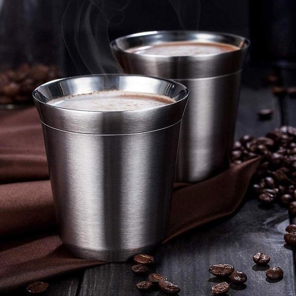 Espressokopper i rustfritt stål, dobbelveggisolerte kaffekopper tekopper, lett å rengjøre og tåler oppvaskmaskin (80 ml) (sølv 2 stk)