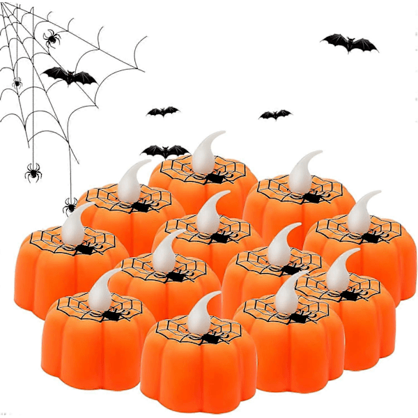 12-pack Halloween Pumpa-Teeljusar Halloween Ljus Flammlösa Batteridrivna 3D Orange LED Teeljus