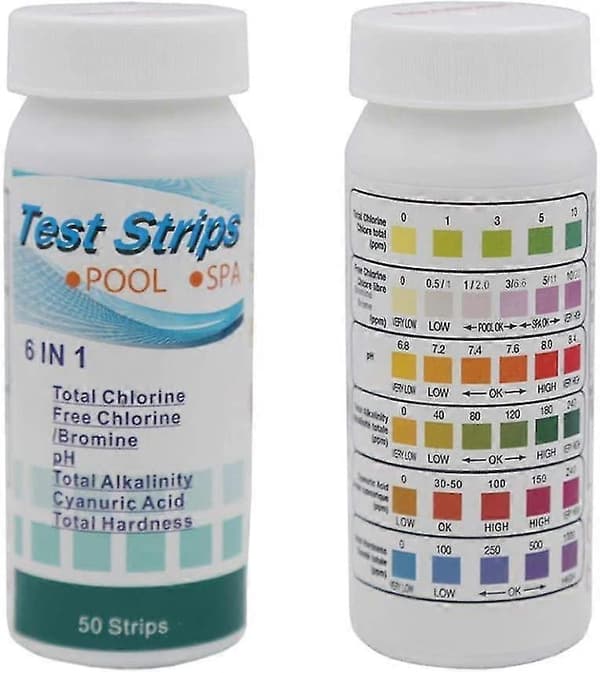 50 st 6-i-1 Testpapper för Pool Resterande Klor pH-värde Alkalinitet Hårdhet Brons Syratest