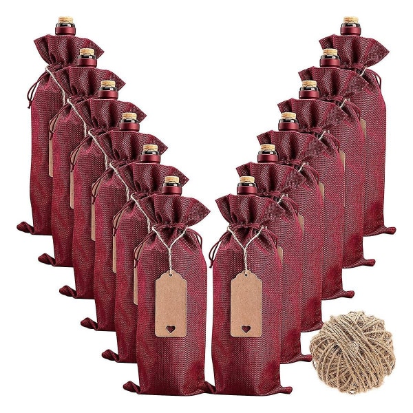 Burlap vinpåsar Vinpresentpåsar, 12 st vinflaskpåsar med dragsko, etiketter och rep, återanvändbara W