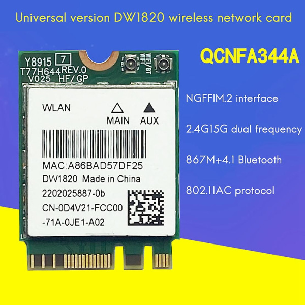 Dw1820 Qcnfa344a Trådløst nettverkskort 2,4g+5g Dual-band Gigabit Bluetooth 4.1 Ngff nettverkskort Su