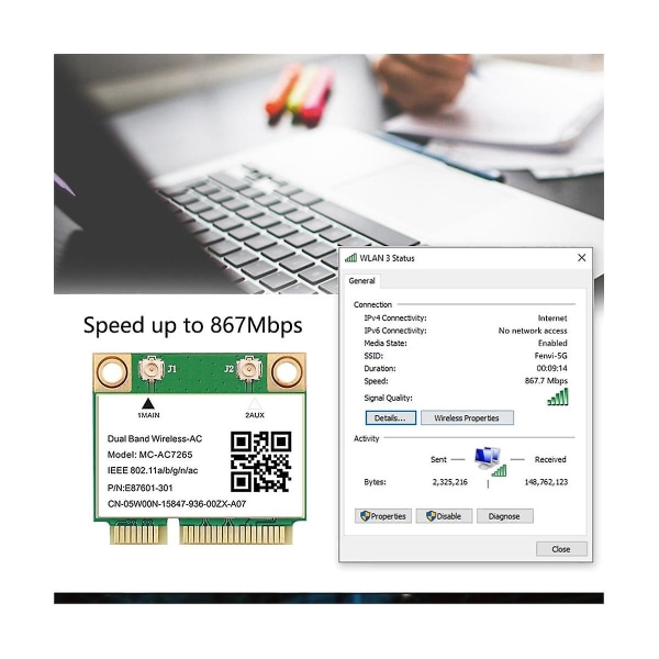 1200mbps Trådløst -ac7265 Dobbelt bånd Mini Pci-e Wifi Kort Bluetooth 4.2 802.11ac Dobbelt bånd 2.4g 5ghz