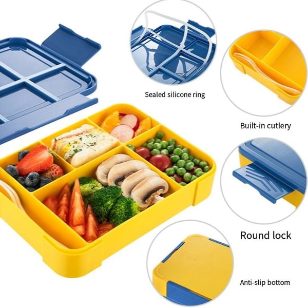 Bento Lunchbox för Barn och Vuxna, Bento Box med 5 Fack och 1 Behållare för Salladsdressing