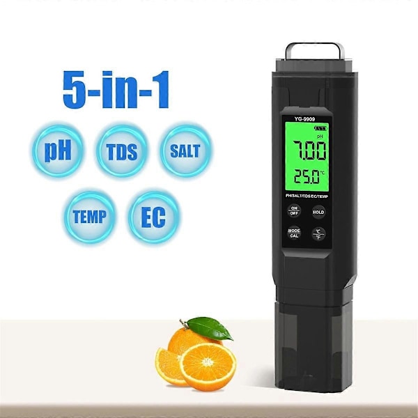 Bærbar Vandkvalitetstester 5-i-1 Akvarium PH-Meter TDS Testpen EC-Værdi Tester Saltindhold Tempe