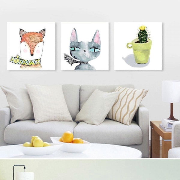Wekity Fox och Katt Väggkonst Canvas Print Poster, Enkel Söt Akvarellkonst Ritning Dekoration för Hem Vardagsrum Sovrum Kontor och Barnrum (Set