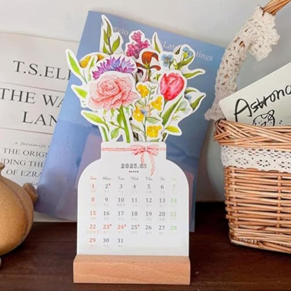 2024 Bloomy Flowers Skrivbords kalender med träbas, Kreativa blommiga skrivbords kalender, Skrivbords kalender 2