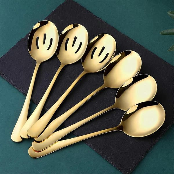 Guld Serveringsskeer 6 Stykker, Rustfrit Stål Serveringsredskaber med Spejlpolering, 3 Serveringsskeer og 3 Hulskeer