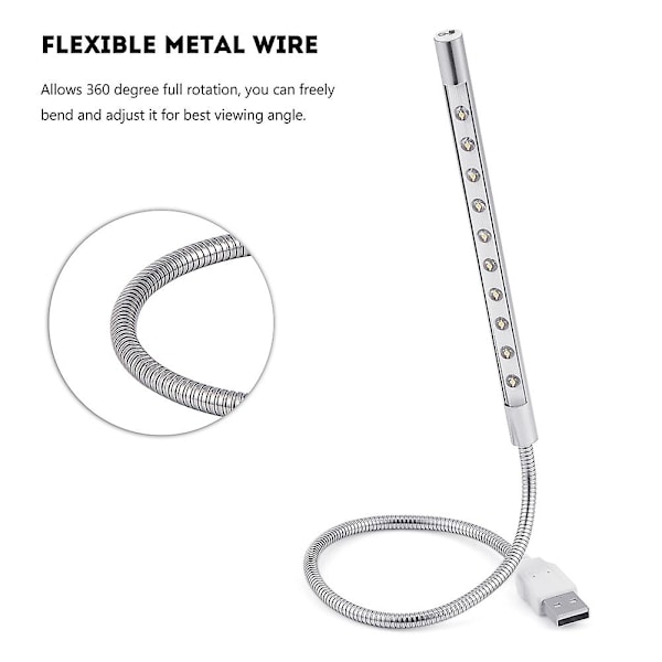 Stilfuld Bærbar USB LED Lampe til PC/Laptop - Sølv (10 stk)