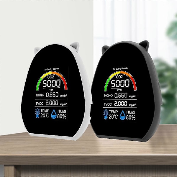 5-i-1 Luftkvalitetsdetektor, Multifunksjonell CO2-tester med Karbondioksid HCHO TVOC Verdi Strømforbruk Temperatur Fuktighet Display Funksjon