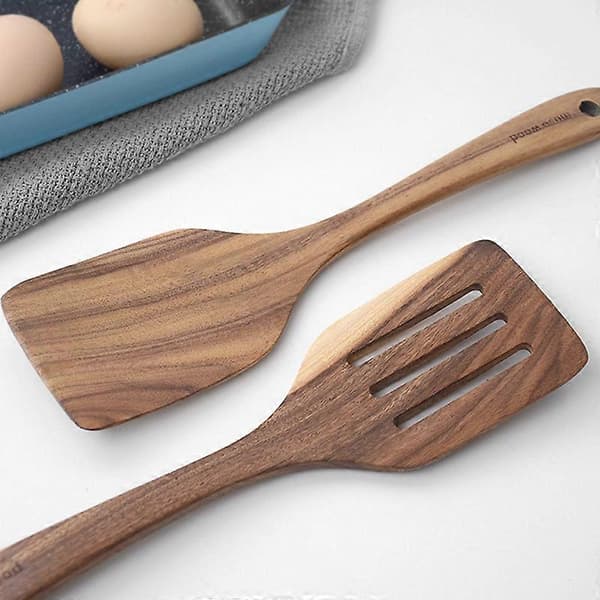 MUSOWOOD Teak Massiv Träspatel Speciell Matlagningsspatel för Non-Stick Stekspatel Slitsad Spatel