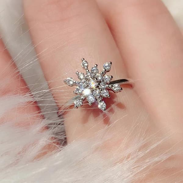 Roterande Snöflinga Ring Zirkon Öppen Ring Dam Julklapp Ornament