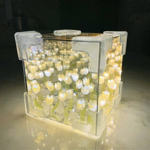 Natbordslampe, Blomster Natlampe til Soveværelse, Cube Blomster Bordlampe