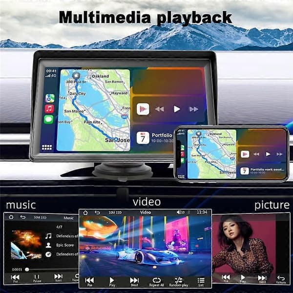 Bærbar Dash Mount Carplay Display 7\" Touch Screen, GPS Navigation, Bluetooth Bil Stereo Radio, Bak