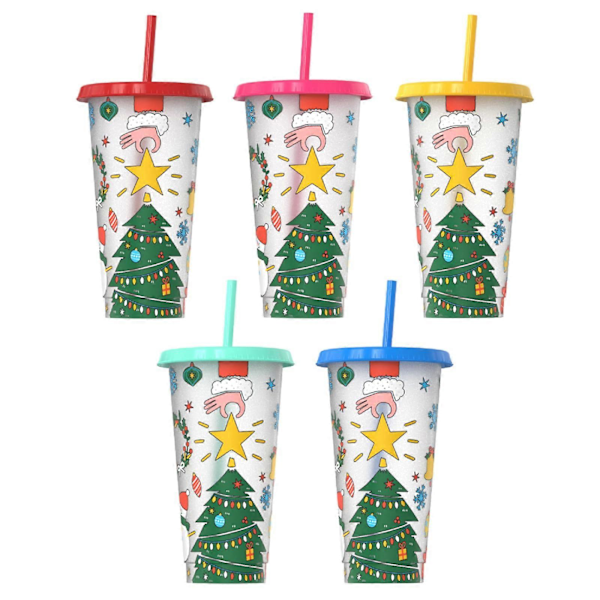 5-pakning Fargeskiftende Plastkopper Julekopper Gjenbrukbare Reisekopper med Lokk og Sugerør Iskaffekopper Kaldt Vann Drikkekopper 710ml