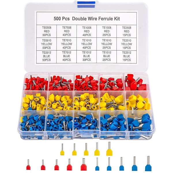 Dobbeltråds ferrulesett, 500 stk. trådføringer, isolerte ferrules crimp-pin-terminaler, Cor