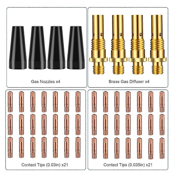 50 stk. Flux Core Gasless Dysetips Kit KP1939-1, 0,030 tommer & 0,035 tommer Kontakttips Gasdiffusorer Mig W