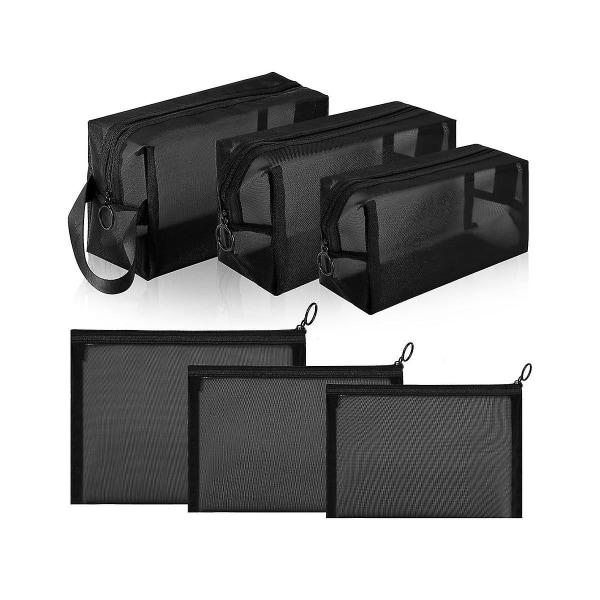 6pcs Portable Black Mesh Zipper Pouch Breathable Toiletry Storage Pouch Offices Travel Accessories