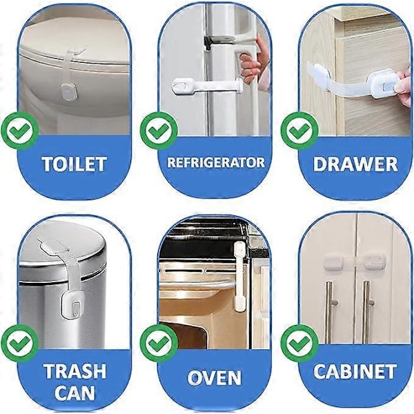 Børnesikringslåse til skabe, køleskab, skuffer, opvaskemaskine, toilet, 3M klæbemiddel, ingen boring (4 stk.)