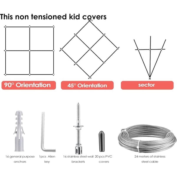 OEM – 24 m espalier i rustfrit stål – 3 mm stålkabel – 16 spændere i rustfrit stål 304 – væg- og betonmontering