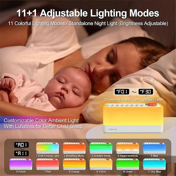White Noise Sleep Sound Machine med 8 Naturlyde, Bærbar Bluetooth Højttaler, 12 Farver Natlampe