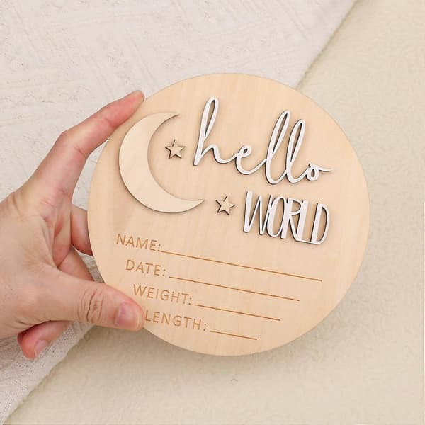 Födelseannonseringsskylt, 15 cm Trä Hello World Nyfödd Skylt Nytt Babynamn