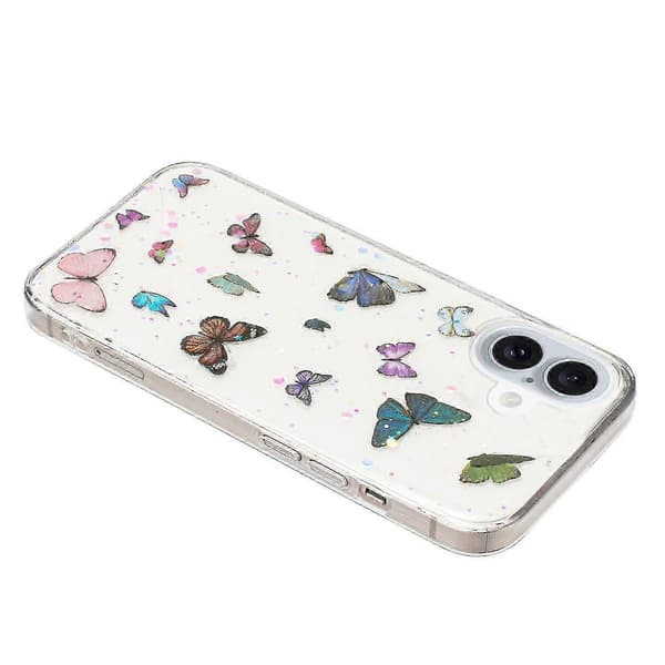 Til iPhone 16 Deksel Anti-fall TPU Telefon Bakdeksel Epoxy Glitter Sommerfugl -