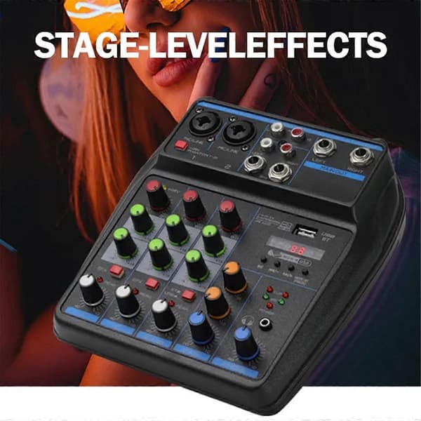 4-kanals lydmikser Mini lydmiksekonsoll Bluetooth 48V Strømforsyning for musikk DJ-opptak Karaoke-system