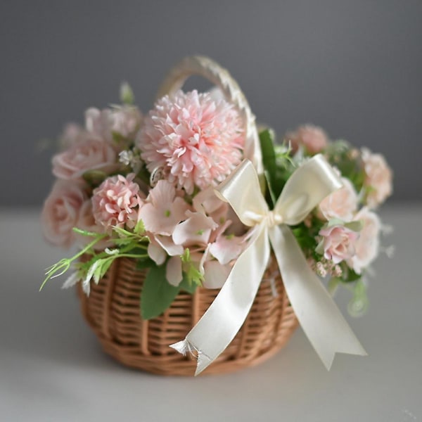 Fletvevd blomsterkurv, med håndtak og rosa sløyfe, kurver for bryllupsblomster, til hjemmet Gard