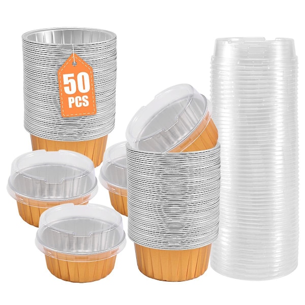 Dessert Cups with Lids, 50 Pack Gold Aluminum Foil Baking Cups Holders, Cupcake Bake Utility Rameki