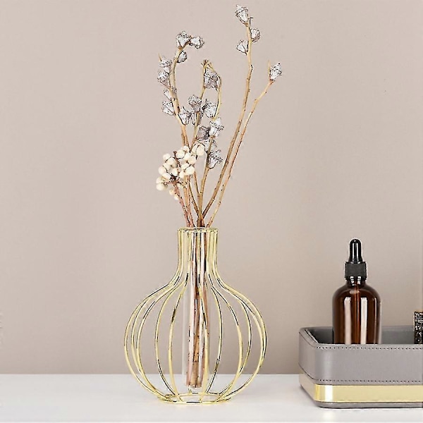 Glasblomstervase med metalramme, reagensglasvase til hydroponisk plante, vase køkken kontorbord To6417242331870