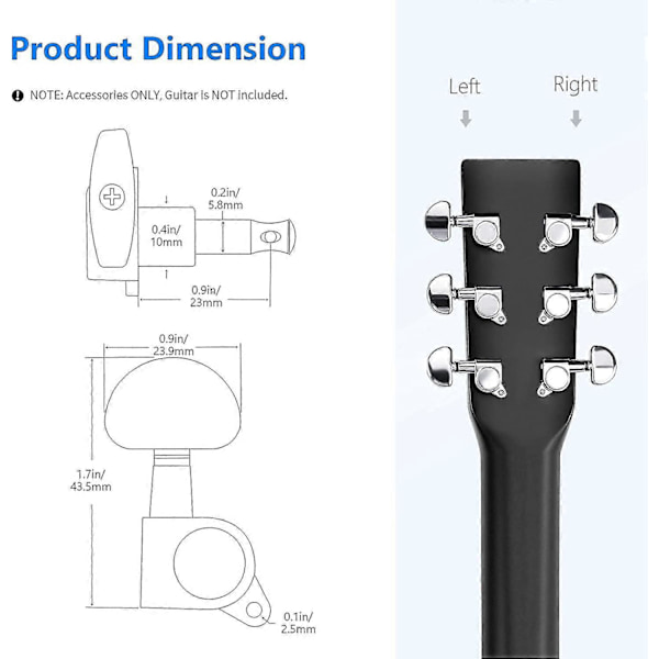 6 stk. Gitar Stemmeskruer Knotter Gitarstreng Stemmepinner Stemmeskrue Stemmere For Elektrisk Eller Akustisk Gitar (3 For Venstre + 3 For Høyre) Sølv