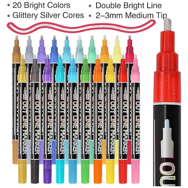 Shimmer Markers Doodle Outline Dazzles: 20 Färger Metalliska Dubbla Linjer Glitterpenna Set Super Squiggles Sparkle Dazzlers