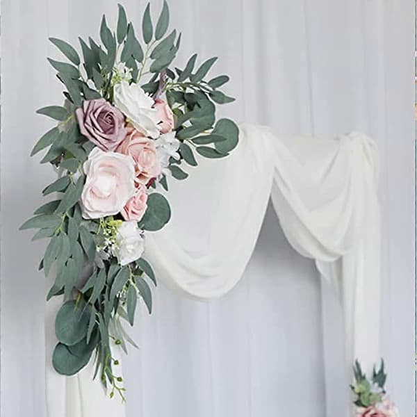 Peony Swag Bue til Bryllupsbue Blomster Sæt af 2 Blomsterswags til Bryllupsceremoni Skilt Kunstig Blomst Eucalyptus Blad Girland til Bryllup Hjem Decor