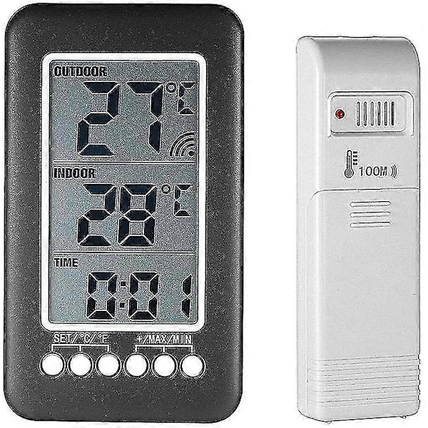Trådlös Inomhus Utomhus Termometer Med Klocka Digital Trådlös Väderstation Med Utomhussensor, Svart