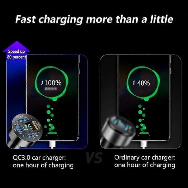 66W Hurtig USB Biloplader Hurtig med Voltmeter LED Lys Display Adapter Kompatibel til iPhone