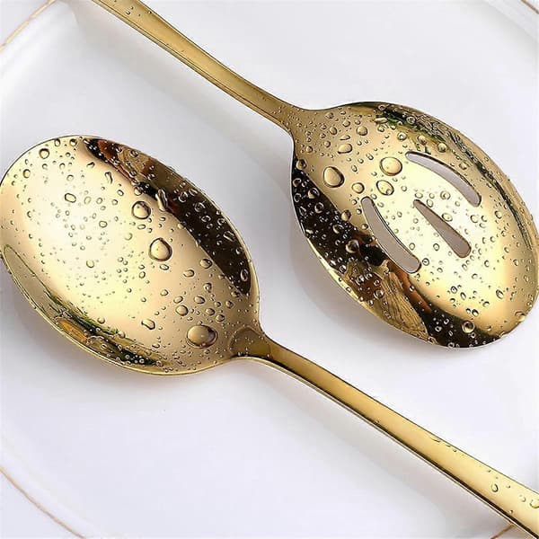 Guld Serveringsskeer 6 Stykker, Rustfrit Stål Serveringsredskaber med Spejlpolering, 3 Serveringsskeer og 3 Hulskeer