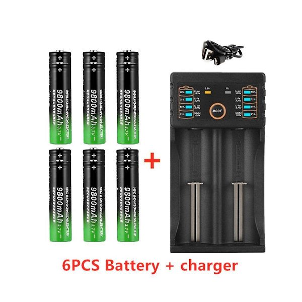 1 stk 2-spors Li-Ion batterilader + 6 stk 3,7V 18650 9800MAh batteri for oppladbar batteri 18650