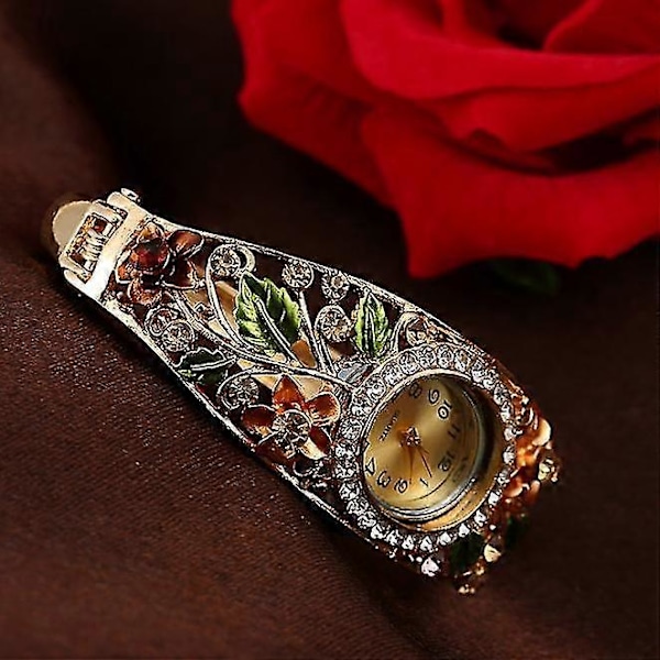 Dame Armring Krystal Blomst Armbånd Quartz Ur Armbåndsur Gd