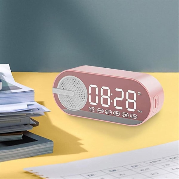 Bærbar Bluetooth-høyttaler med digital klokke, fargerikt nattlys, dobbel vekkerklokke, speil, subwoofer, rosa