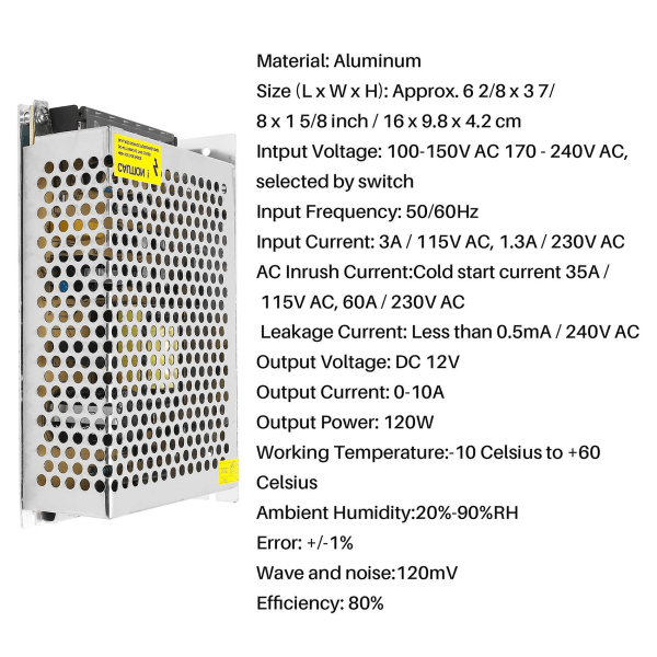 DC 12V 10A 120W Skiftende Strømforsyning Reguleret Transformer / Sikkerhedsdesignet Aluminium Strømforsyning